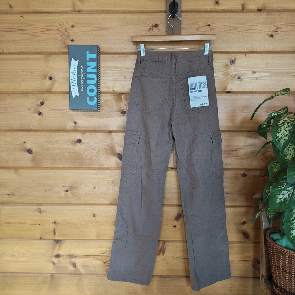 S.O.N.G. NWT Brown High Rise 90s Boyfriend Cargo Pants Y2K Revival Denim Jean 24 - Picture 6 of 7